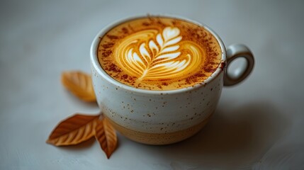 49. A minimalist image with a white background featuring a single cup of chai latte in the center