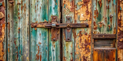 Sticker - Old weathered wooden door with peeling paint and rusted hinges, vintage, aged, worn, distressed, antique, entrance