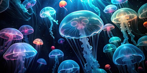 Wall Mural - Glowing jellyfish floating in the dark ocean , bioluminescent, underwater, eerie, marine life, jellyfish