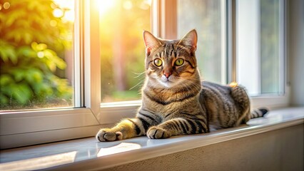 Canvas Print - A cute tabby cat lying on a sunny window sill, feline, pet, domestic, animal, fur, whiskers, adorable, mammal, eyes, playful, lounging