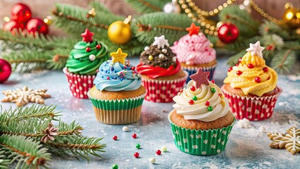 Sticker - Colorful Christmas cupcakes with festive decorations on a winter background, Christmas, winter, festive, composition