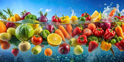 Poster - A colorful array of various fruits and vegetables submerged in clear water, fresh, healthy, nutrition, organic