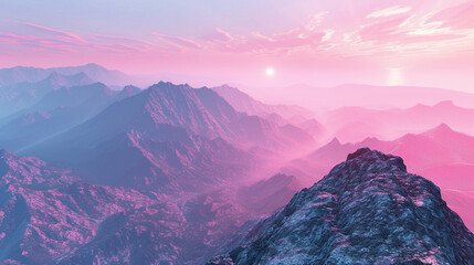 the breathtaking vista of a mountain peak at sunrise, where rosy hues paint the sky and misty valleys stretch out below like a sleeping giant's dream.