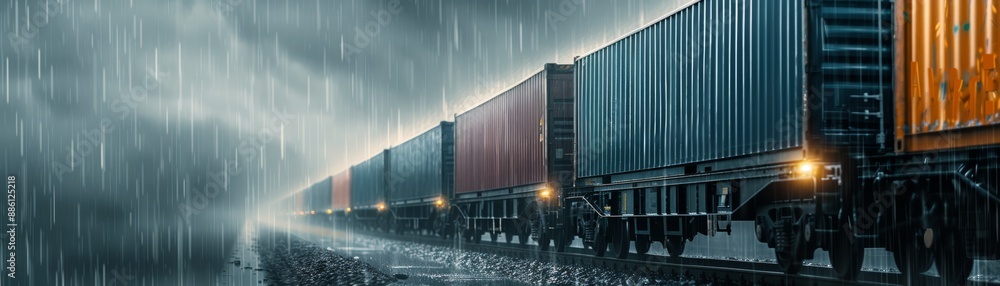 Cargo trains travel through heavy rain, showcasing the challenges faced ...