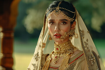 Wall Mural - Portrait of a young woman wearing traditional Indian bridal costumes and jewellery