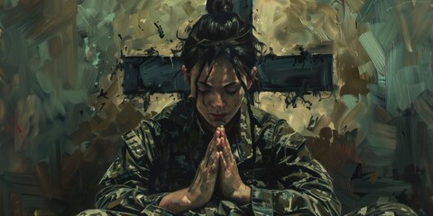 Christian female soldier prays in front of cross. Woman sits on gray background with white wall adorned with black brushstrokes. Wears green dress and clasps hands together.