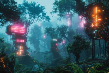 Neon lights illuminate a futuristic jungle landscape.