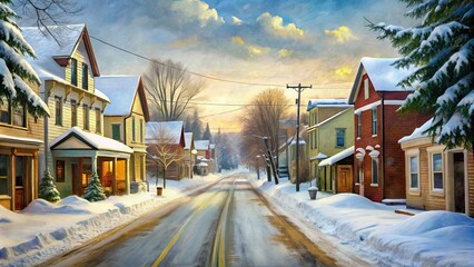 Wall Mural - Snow-covered street in a small town during winter, captured in an oil painting style, small town, deep snow, winter