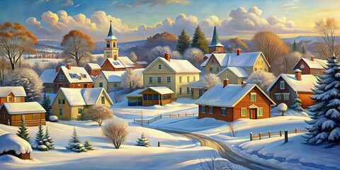 Canvas Print - Winter scene in a small town with deep snow, captured in an oil painting , winter, small town, snow, deep, oil painting, cozy