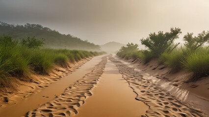 Sticker - Sandy Path Through Foggy Forest.