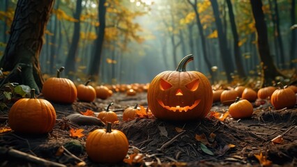 Sticker - Jack-o'-lantern in a misty forest.