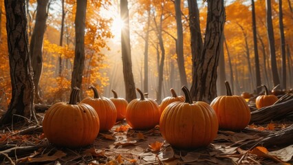 Poster - Pumpkins in the Autumn Forest.