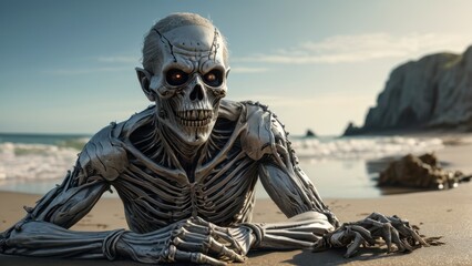 Poster - Skeleton on the Beach.