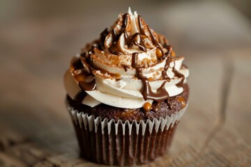 Sticker - Single chocolate cupcake with vanilla frosting, drizzled with chocolate sauce and topped with caramel candies