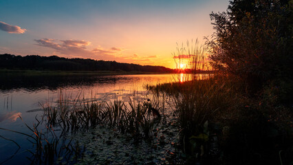 Wall Mural - Sunset at coast of the lake. Nature landscape. Nature in northern Europe. reflection, blue sky and yellow sunlight. Landscape during sunset.