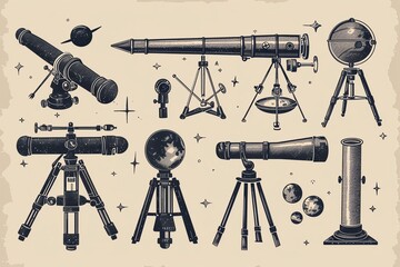 Telescope on the moon observing planets and stars in a starry night sky.