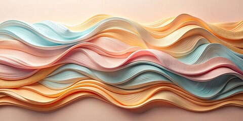 Canvas Print - Pastel colored waves in delicate layers of fabric and paper with hints of orange, waves, layers, fabric, paper