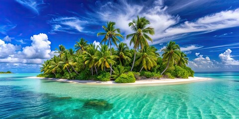 Sticker - of a tropical island with palm trees, crystal blue water, and white sandy beaches, tropical, island, palm trees, sand