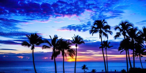 Sticker - Beautiful sunset over the ocean with silhouetted palm trees , sunset, beautiful, scenic, tropical, colorful, sky, sea, nature