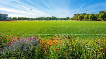 Wall Mural - An expansive green field at a school, bordered by wildflowers in a rainbow of colors, creating a vibrant backdrop for student activities and sports.