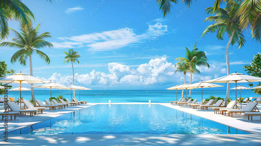 Beautifull luxury swimming pool near beach front, looking sea view and morning time background	