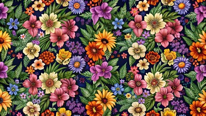 Poster - Seamless pattern featuring colorful flowers and foliage, bloom, botanical, colorful, design, elegant, feminine, floral, garden