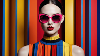 Poster - A woman wearing pink sunglasses and a colorful striped top poses in front of a colorful striped background. Her red lipstick adds a bold pop of color