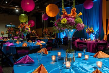 Vibrant party venue with colorful decorations and floral centerpieces.