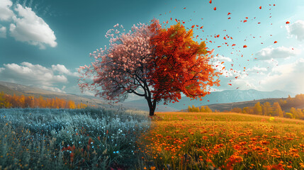 Professional photography split into two halves: lush green spring landscape with blooming flowers and autumn scene with colorful falling leaves.

