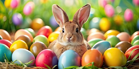 Poster - Easter bunny surrounded by colorful eggs, Easter, bunny, eggs, spring, holiday, celebration, tradition, festive, chocolate