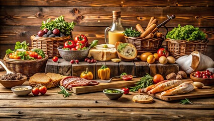 Wall Mural - A rustic wooden table with various delicious food items on the side , food, background, table, rustic, wooden, delicious