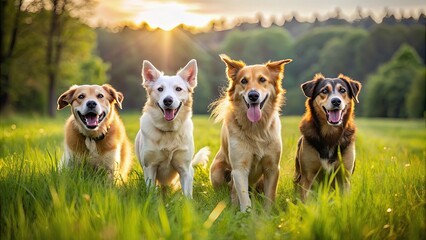 Canvas Print - Loyal and friendly dogs playing in a grassy field , pets, animals, canines, cute, playful, companions, loyal, furry, domestic