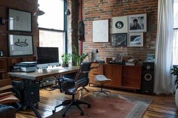 a home office with a brick wall and wooden floors