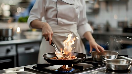 Professional chef cooking with flames in pan, busy kitchen, high detail