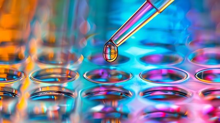 Close-up of pipette dropping liquid into test tubes, vibrant laboratory backdrop