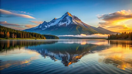 Poster - Majestic mountain rises from tranquil waters, creating stunning scenery, mountain, water, landscape, nature, majestic