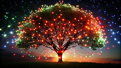 Sticker - Tree surrounded by glowing lights and connected dots, nature, abstract, illuminated, fantasy, magic, vibrant, surreal