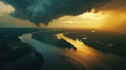 Wall Mural - Capture an aerial view of a river with a dramatic, stormy sky, adding a sense of power and urgency to the scene