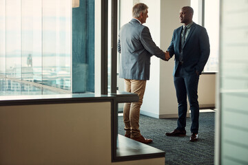 Wall Mural - Meeting, man and client with handshake in office for interview, onboarding or deal opportunity. Agreement, b2b and business people shaking hands for welcome, introduction or corporate partnership