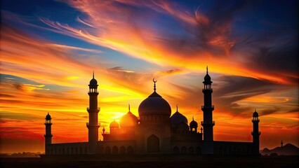 Sticker - Beautiful silhouette of a majestic mosque against a colorful sunset backdrop, mosque, silhouette, dusk, sunset