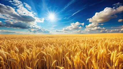 Wall Mural - Golden wheat field under the blue sky on a sunny day, wheat, field, agriculture, farm, golden, harvest, rural, countryside