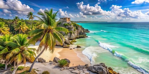 Poster - Sunny day at the breathtaking Tulum beach with crystal clear turquoise waters and palm trees , Mexico, Caribbean