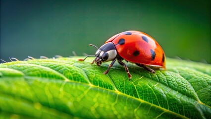 Wall Mural - Ladybird resting peacefully on a green leaf, ladybug, insect, nature, macro, close-up, tiny, red, black, spotted