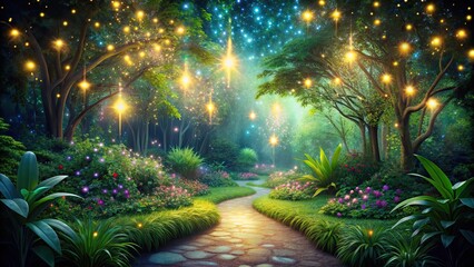 Poster - Serene botanical garden with glowing particles in background , nature, garden, botanical, serene, tranquil, peaceful