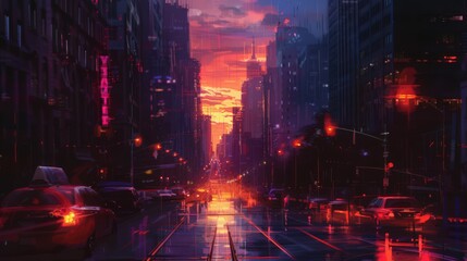 Poster - Capture the vibrant hues of a sunset in an urban setting, with city lights beginning to illuminate as daylight fades.