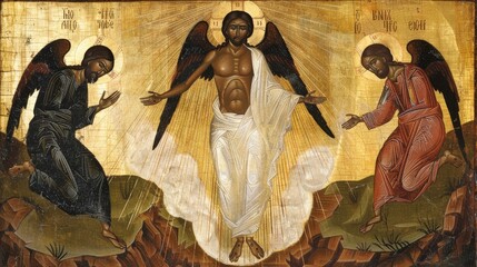 Wall Mural - an icon of the Transfiguration of Jesus depicted in traditional Byzantine style with radiant light Moses and Elijah and a golden halo capturing a moment of divine revelation