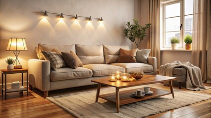 Wall Mural - Cozy living room interior with plush sofa, coffee table, and soft lighting, cozy, living room, interior, plush