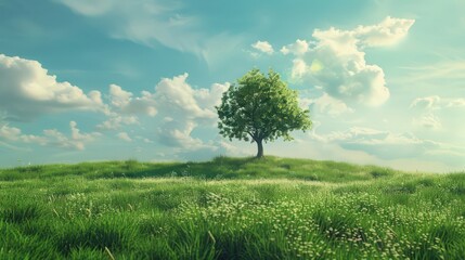 Craft an idyllic image featuring a single tree in a peaceful meadow, surrounded by fresh, emerald grass that stretches to the horizon.