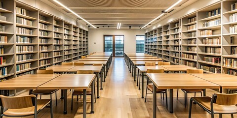 Canvas Print - Quiet library with rows of bookshelves and tables for studying, studying, bookshelves, library, silence, peaceful