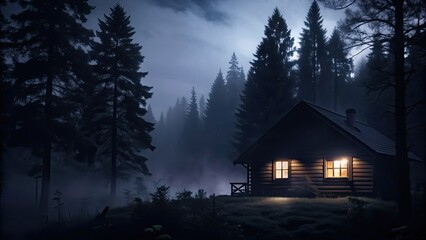 Canvas Print - Cozy cabin illuminated in misty forest at night, cabin, cozy, illuminated, foggy, forest, night, tranquil, getaway